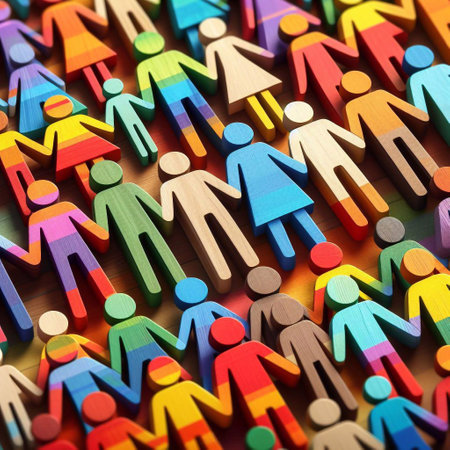 Colorful wooden figures of men and women on a wooden background.の素材