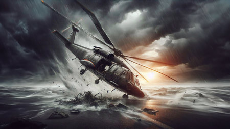 Helicopter in stormy sky. Mixed media. Mixed mediaの素材