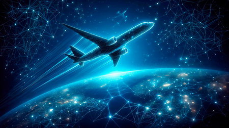 Airplane flying over the planet Earth. 3d rendering toned image double exposureの素材