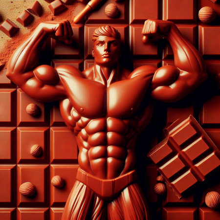 3D Illustration of a Muscular Bodybuilder in Chocolate Barの素材