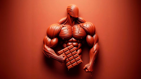 Fitness man with chocolate bar on red background. 3d illustrationの素材