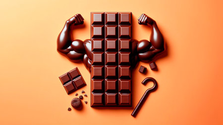 3d render of a man flexing muscles with a bar of chocolateの素材