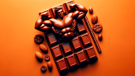 Muscular male bodybuilder with chocolate bar and nuts on orange backgroundの素材