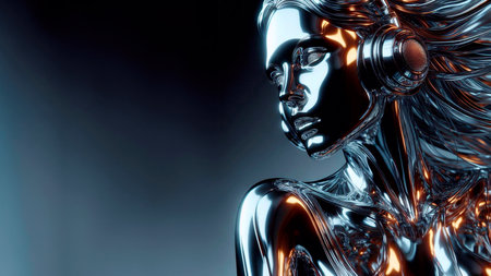 3d rendering of a female cyborg with glowing metallic body.の素材