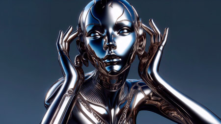 Cyborg woman with hands on her face. 3D illustration.の素材