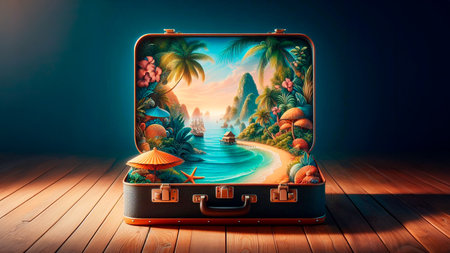 Luxury travel suitcase with tropical island and palm trees in the backgroundの素材