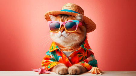 Funny red cat wearing summer hat and sunglasses on red background.の素材