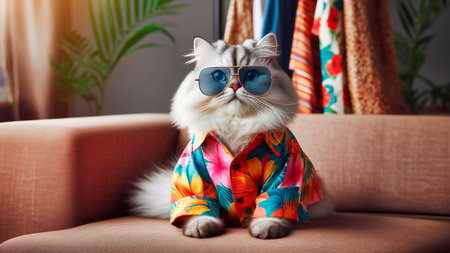 Cute cat wearing sunglasses sitting on sofa at home. Fashion conceptの素材