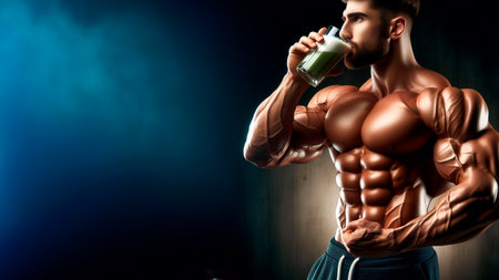 Handsome young man drinking protein shake in gym. Muscular bodybuilder with perfect abs, shoulders, biceps, triceps and chest. Fitness and bodybuilding concept. Mixed mediaの素材