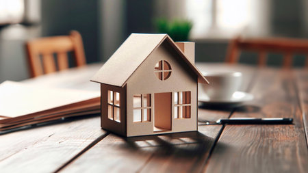 House model on wooden table. Real estate and property business concept.の素材