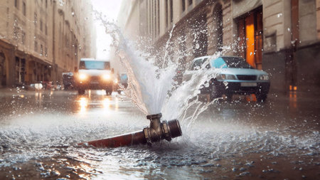 Water fountain on the city street with cars passing by in the backgroundの素材