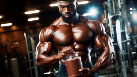 Handsome strong athletic men pumping up muscles workout bodybuilding concept background - muscular bodybuilder handsome men doing exercises in gym naked torsoの素材