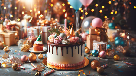 Birthday cake with candles on a background of Christmas decorations and lightsの素材