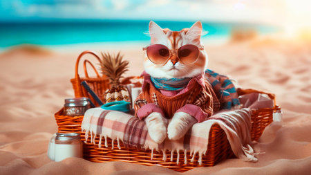 Cute cat in sunglasses sitting in a wicker basket on the beachの素材