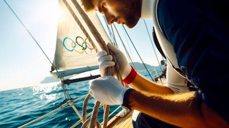 sailing, sport, people and leisure concept - close up of man in white gloves sailing on yacht deckの素材