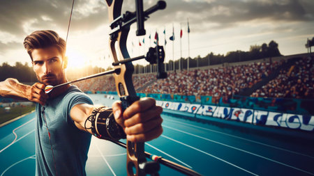 Athletic man with bow and arrow on the stadium.の素材