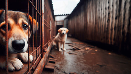 A sad dog in a cage. Selective focus. Animal.の素材