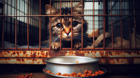 Cute cat in a cage eating food from a bowl. Animal abuse concept.の素材