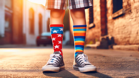 Legs of a young girl in colorful socks on the background of the American flag.の素材
