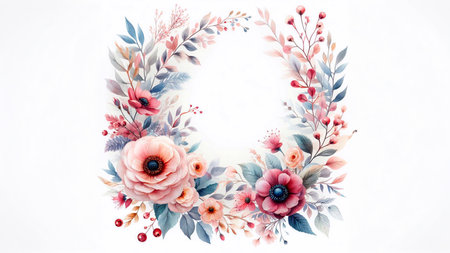 Watercolor floral wreath with pink and blue flowers on a white backgroundの素材