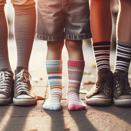 Legs of kids in colorful socks on the street, close upの素材