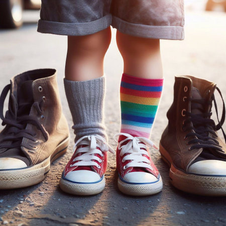 Little boy and girl wearing colorful socks and sneakers on the street.の素材