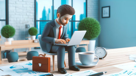 Businessman working on laptop in modern office. Workplace and lifestyle concept. 3D Renderingの素材