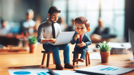 business, people and technology concept - close up of businessman with little boy sitting in officeの素材