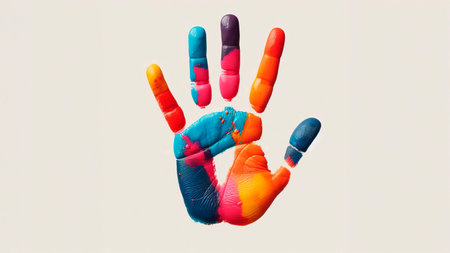 Colorful hand print isolated on a white background with copy space.の素材