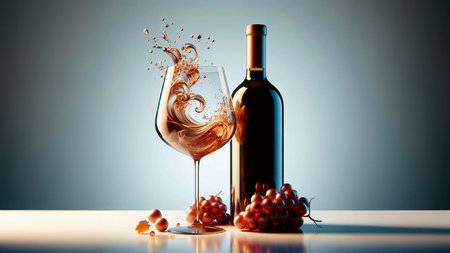 Bottle and glass of red wine with bunch of grapes on blue backgroundの素材