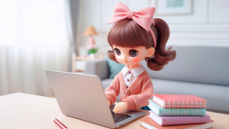 A cute little girl doll working at home with laptop and books.の素材