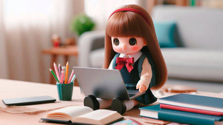 Cute little girl sitting at table with laptop and books at homeの素材