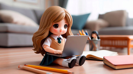 Cute doll using laptop computer while sitting on the floor at homeの素材