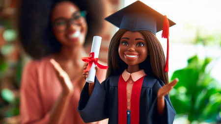 education, graduation and people concept - close up of happy African American student girl in mortarboard with diploma at schoolの素材
