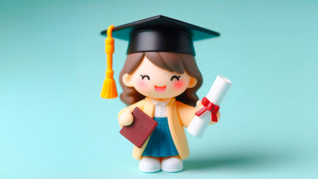 Graduation cap and student girl with diploma on aquamarine backgroundの素材