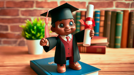 Graduation student with diploma and books on brick wall background. 3d illustration.の素材