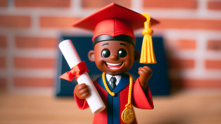 Graduation cap and diploma with brick wall background, education concept.の素材