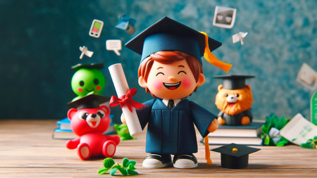 Happy graduation boy with mortarboard and diploma on wooden table, education conceptの素材