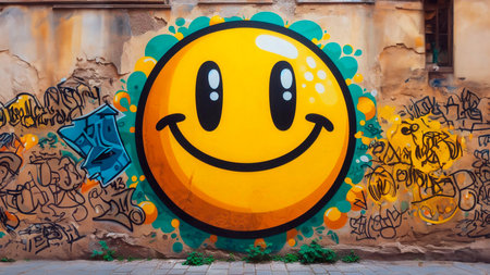 Colorful graffiti on the wall of an old house. Street art concept.の素材