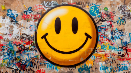 Graffiti on a wall with smiley faceの素材