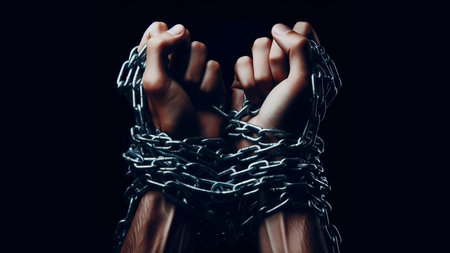 Close-up image of hands tied with chains on a black backgroundの素材