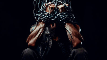 Man with chains around his neck, isolated on black background. BDSM concept.の素材