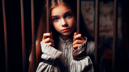 Portrait of a beautiful young girl with long hair in a cage.の素材