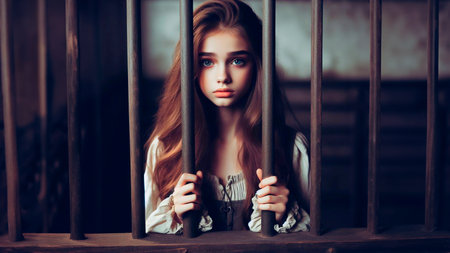 Portrait of a beautiful girl with long hair in the cage.の素材