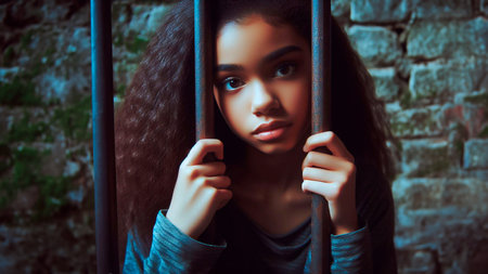 Young beautiful African American woman in a cage. Studio shot.の素材