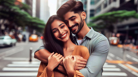 Beautiful young couple is hugging and smiling while walking in the cityの素材