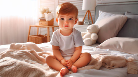 Cute little baby boy sitting on bed at home. Adorable child playing with teddy bear.の素材