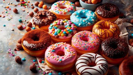 Variety of donuts with chocolate frosted, glazed and sprinkles donuts.の素材
