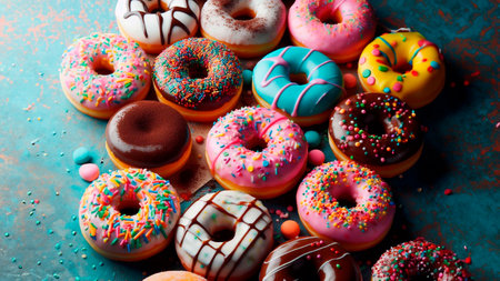 Colorful donuts with sprinkles on a blue background. Selective focus.の素材