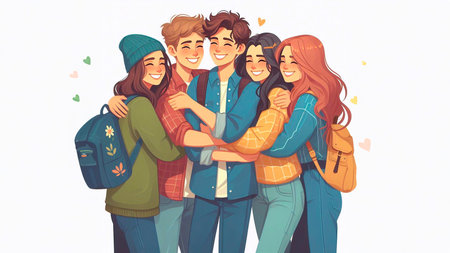 Happy group of friends standing together and smiling. Vector illustration in cartoon style.の素材